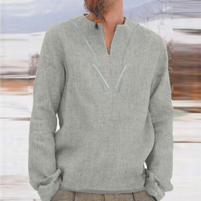 

Toponeto Mens Baggy Retro Cotton Blend Solid Embroidery Long Sleeve V Neck Shirts Tops