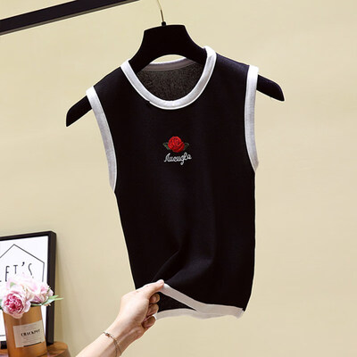 

korean fashion Rose Embroidered Tank Top women Sexy crop top 2019 summer Stretch white black vest Tees Streetwear