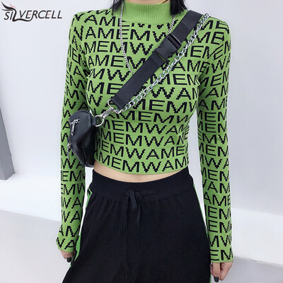 

Harajuku Women Tops Retro Wild Letter Pattern Knit Tops Fashion Chic O Neck Long Sleeve Cropped Korean Style T-shirt