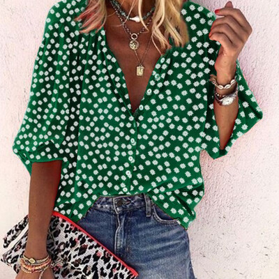 

Womens Blouse Summer Loose Casual Dot Shirt Half Sleeve Polka Tops Beach OL Lady Plus Size Autumn V-Neck Top