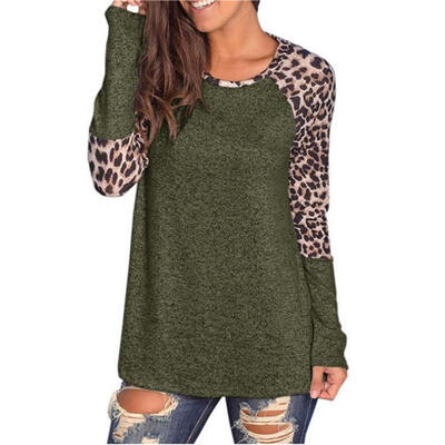 

Long Sleeve T-shirt Women Round Collar Casual Leopard Print Patchwork Tops