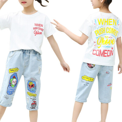 

Summer Baby Girls Casual Fashion Short Sleeve Letter Print T-shirt TopsDenim Shorts Suits Costume Set