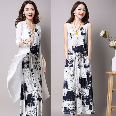

Chinese Style Ink Painting Print Womens Set Ankle-length Dress White Cardigan 2 Pieces Set