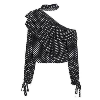 

One shoulder polka dot blouse shirt Ruffle lantern sleeve vintage chiffon blouse Sexy bow women summer blouses