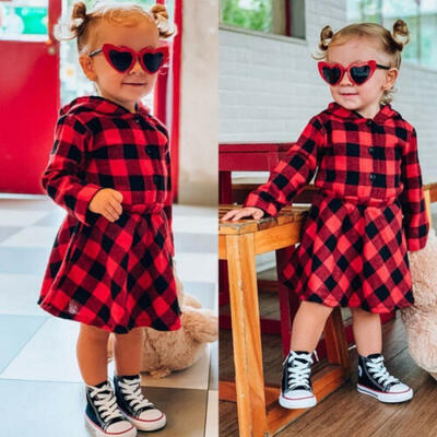 

Christmas Kids Baby Girls Long sleeve Hooded Dress Casual Plaid Outfits Clothes
