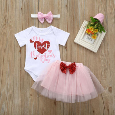 

UK My First Valentines Day Infant Baby Girl Kid Bodysuit Tops Skirt Clothes Set