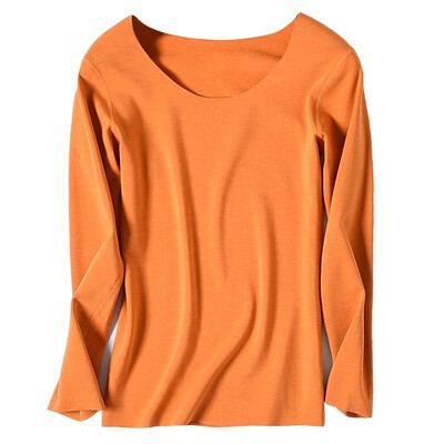 

Fashion Women Autumn Solid Color T-Shirt Seamless O Neck Long Sleeve Warm Thin Soft Bottoming Top