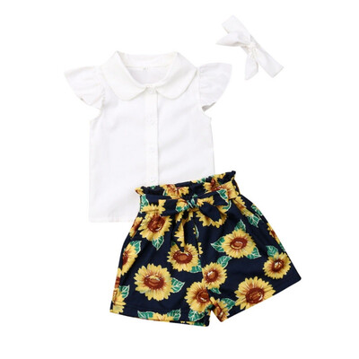 

Summer Baby Girls Casual Flare Sleeve T-shirt TopsFlower ShortsHeadband Suits Costume Set