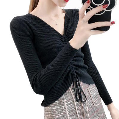 

Solid Color Drawstring V-neck Knitted Jumper Women Long Sleeve Slim Tops