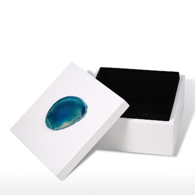 

Square Jewel Box Blue Agate-Small Size Agate Decoration Wooden Ring Necklace Storage Box Birthday Gifts for Women Black Velvet