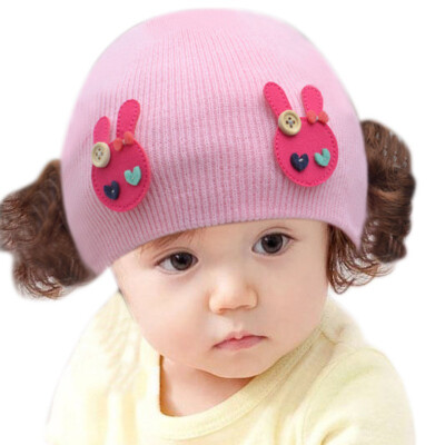 

2018 Autumn Winter Baby Girl Hat With Wig Kids Toddler Infant colorful Cute Knitted BeaniesHat