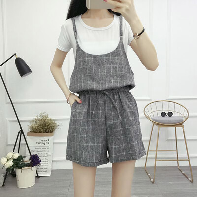 

Women All-match Loose Overall Jumpsuit Short High Waist Plaid Without Tee Mini Overall Women Clothing New
