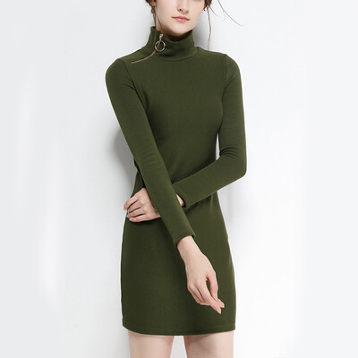 

CANVAUS Autumn Winter Women Cotton Solid Slim Mini Velvet Turtleneck Long Sleeve One-piece Dress F535A