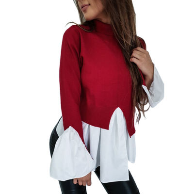 

Autumn Women T Shirt Bottoming Patchwork Long Flare SleeveTop Basic T-shirt Women