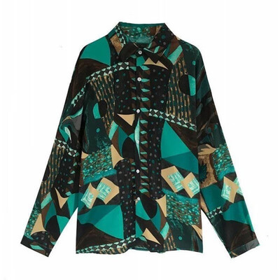 

2019 Summer Women Retro Cartoon Print Lapel Shirt Loose Single-breasted Long Sleeve Sun Protection Green Blouse Chiffon Blouse