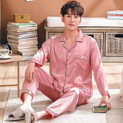 

Spring&Autumn Ice Silk Pajamas Sets Couple Silk Long Sleeve Soft Home Service Suit Couple Family Pajamas Set
