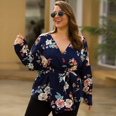 

Gobestart Womens Plus Size Cross V-neck Lace High Waist Long Sleeve Loose Print Top