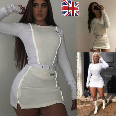 

Reflective Striped Two Piece Long Sleeve T-shirts TopAnd Mini Skirts Sets Autumn