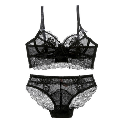 

Women Underwear Set Sexy Lingerie Lace Solid Color Hanging Neck Front Buckle Gathered Bra Set
