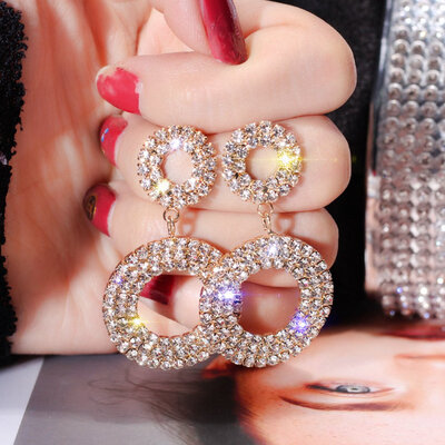

New Crystal Drop Earrings Luxury Shining Gold Silver Color Round Rhinestone Dangle Earring For Women Wedding Party Jewelry