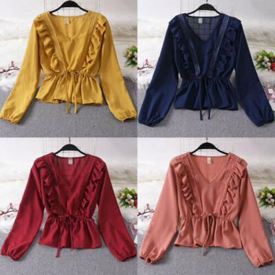 

US Seller Summer Womens Ladies V-Neck Pleated Chiffon Casual Loose T-Shirt Tops