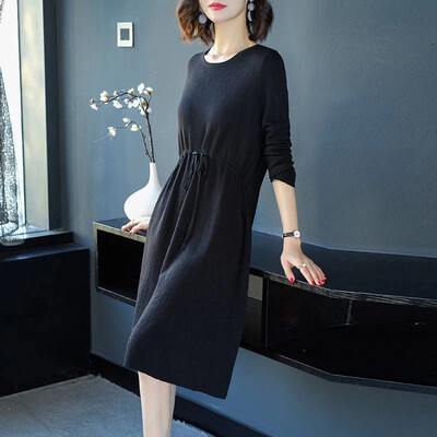 

Solid Color High Waist Plus Size Dress Korean Style Loose Casual Round Neck Long Sleeve Women Dress Autumn Winter New