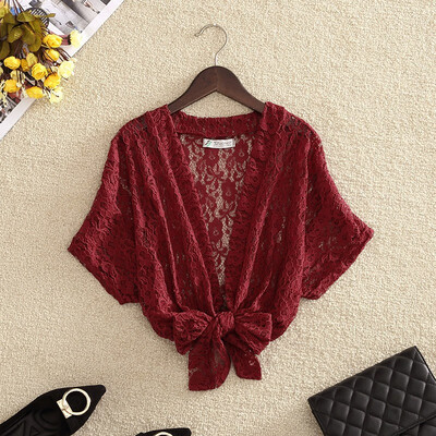 

Womens Solid Lace Hollow Out Blouse Kimono Cardigan Lace Up Short Sleeve Summer Shirt Cover Up Beach Blouse Plus Size 2019