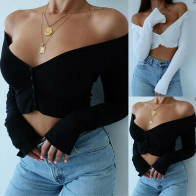 

Women Sexy Low Cut Deep V-Neck Shirts Stretch Casual Long Sleeve Blouse Tops
