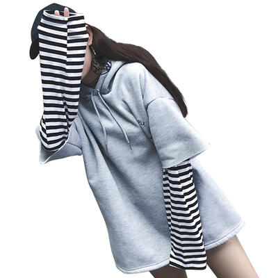 

Fashion Women Long Sleeve Striped Drawstring Fake Two-Piece T-Shirt Hoodies