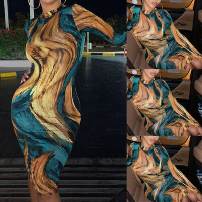 

Sexy Womens Long Sleeve Bodycon Midi Dress Mock Neck Evening Party Cocktail Club