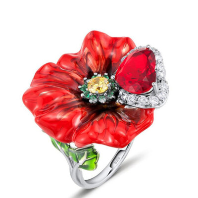 

Exquisite Fashion 925 Sterling Silver Ruby Rose Heart Shaped Handmade Enamel Ring