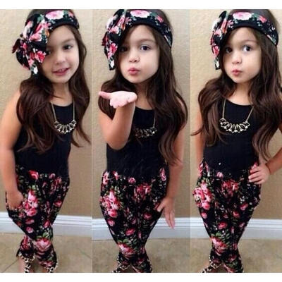 

3pcs Fashion Baby Kids Girls Outfits Headband T-shirt Floral Pants Clothes Set Lovely