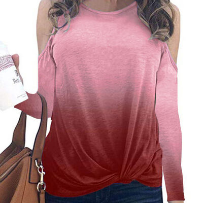 

Women Autumn Fashion Casual All-match Loose Gradient Print Knit Decoration Long Sleeve Off-shoulder Slim T-shirt Top