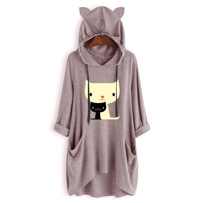 

Tailored Women Casual Print Cat Ear Hooded Long Sleeves Pocket Irregular Top Blouse Shirt