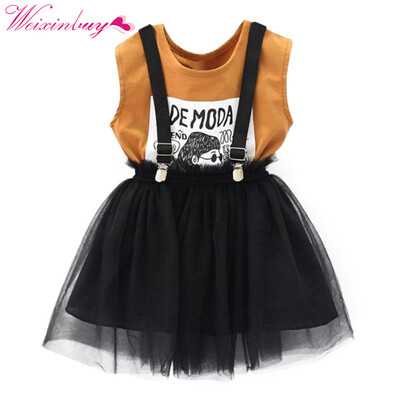 

T-shirt Baby Girl Clothes Set Summer Top Vest Cartoon T-shirt Mesh Strap Dress Baby Clothes Set Fashion Girl Strap Skirt
