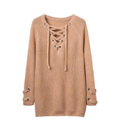 

Autumn V-neck Lace Up Women Sweater Long Sleeve Loose Oversized Pockets Pullover Jumper Women Casual Knitted Pull Femme Tops