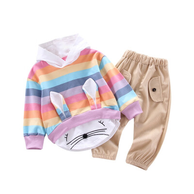 

Autumn Baby Girl clothes New Rainbow Cartoon Rabbit Design Long Sleeve Hoodie Sweatshirt TopsPants Costume Set 2pcs