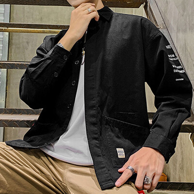 

Tailored Mens New Casual Fashion Pocket Workwear Letter Print Lapel Long Sleeve Tops