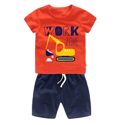 

Summer Kids Boys Cotton Short Sleeve Cartoon Excavator Pattern Tops T-shirtsShorts Casual Outfits Sets