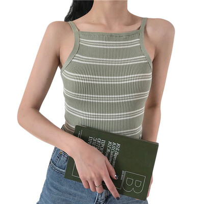 

Korean Summer Top Women Spaghetti Strap Striped Halter Knitted Camisole Womens clothes 2019