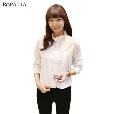 

ROPALIA Women Elegant Stand Collar Long Sleeve Blouses Office Lady White Slim Shirts Tops