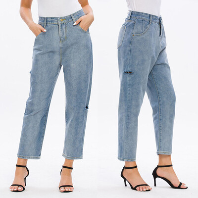 

Gobestart Fashion Womens Button Pocket Hole Trousers Jeans Casual Denim Wide Leg Pants