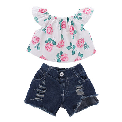 

Girl Set 1-4Y Toddler Kids Floral Tops Off-shoulder Blouse Denim Shorts Pants Baby Girl 2Pcs Outfits Sunsuit