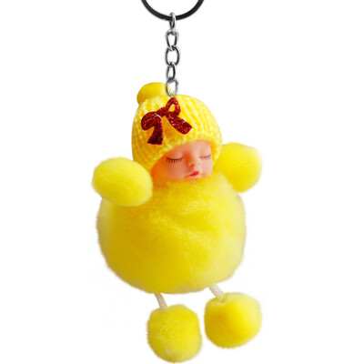 

Tailored Cute Sleeping Baby Bowtie Fluffy Pompom Fur Plush Doll Keychain Keyring Key Ring