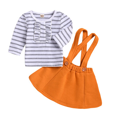 

2Pcs Spring Autumn Cute Fashion Children Clothes Set Baby Girl Striped Long Sleeve Top And Solid Color Suspender Skirt Set