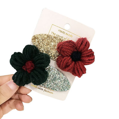 

Two Pieces Set Children Handmade Wool Sequins Flower Baby Girls Cute Hair Pin Hair Accessories