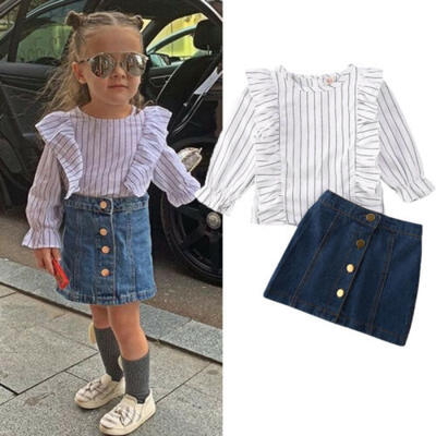 

Toddler Baby Kids Girl Clothes Stripe T-shirt Ruffle Tops Denim Skirt Outfits UK