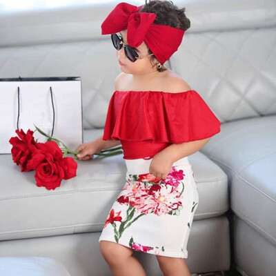 

Girls Summer Solid Color Ruffled Tops T-Shirt High Waist Floral Dress Headband 3PCS Clothing Set Fashion Baby Set