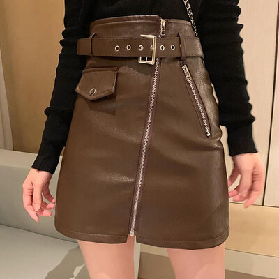 

Women Skirt PU Patent Leather Solid Color Zipper Fly High Waist A-Line Mini Slim Pencil Cool Band Party Wear