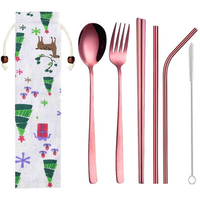 

Siaonvr Stainless Steel Dinnerware Set Metal Straw Spoon Fork Chopsticks Tableware 6 Pcs